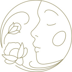 Beautiful woman face smell natural organic flower golden circle frame line art logo vector