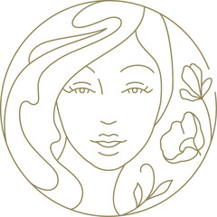 Beautiful woman face with blossom flower hand drawn golden circle frame line art logo vector