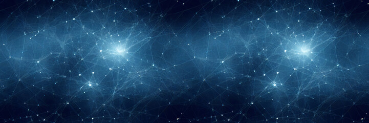 Abstract panoramic background. Intertwined blue bright lines on a dark background. Image to illustrate relationships, social networks, communications, telecommunications and space.  Generative AI.