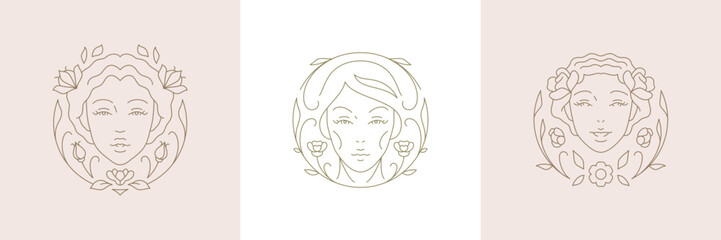Elegant botanical blossom woman floral face in hand drawn circle frame line art logo set vector