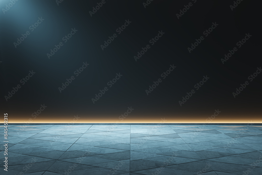 Poster An empty modern interior with a tiled floor against a dark gradient background, embodying a minimalist design concept. 3D Rendering