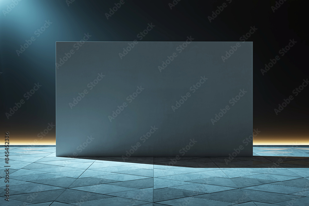 Aufkleber A minimalist interior with an empty large dark wall and patterned floor tiles, under a subtle light, exemplifying modern design concepts. 3D Rendering
