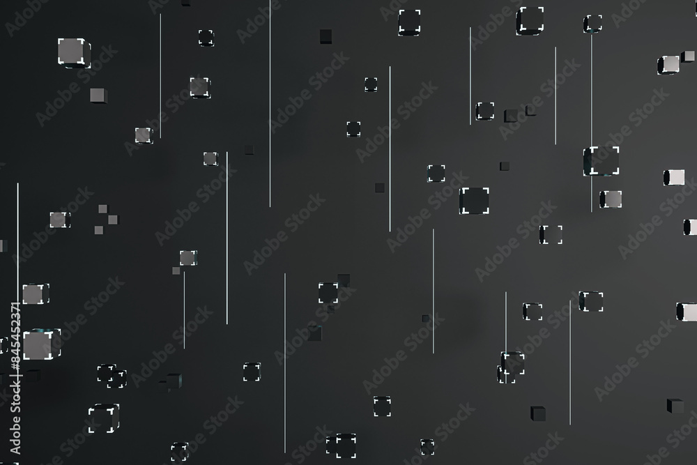 Aufkleber Abstract cubes falling with dynamic trails on a dark background, depicting the concept of motion and technology. 3D Rendering