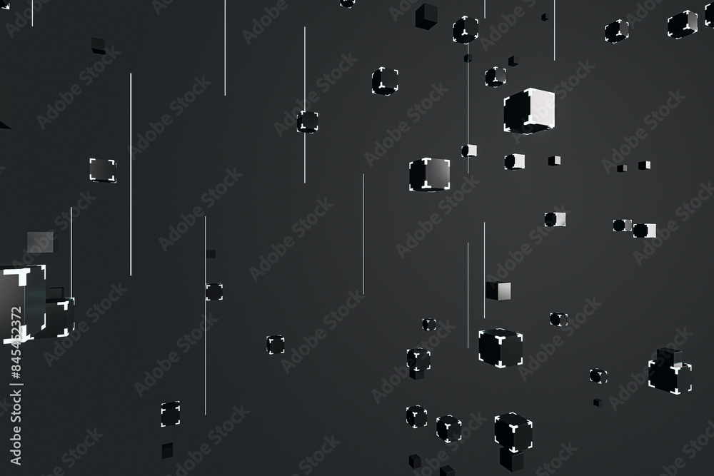Poster Abstract cubes and geometric shapes floating on a dark, solid background, illustrating a concept of digital space. 3D Rendering