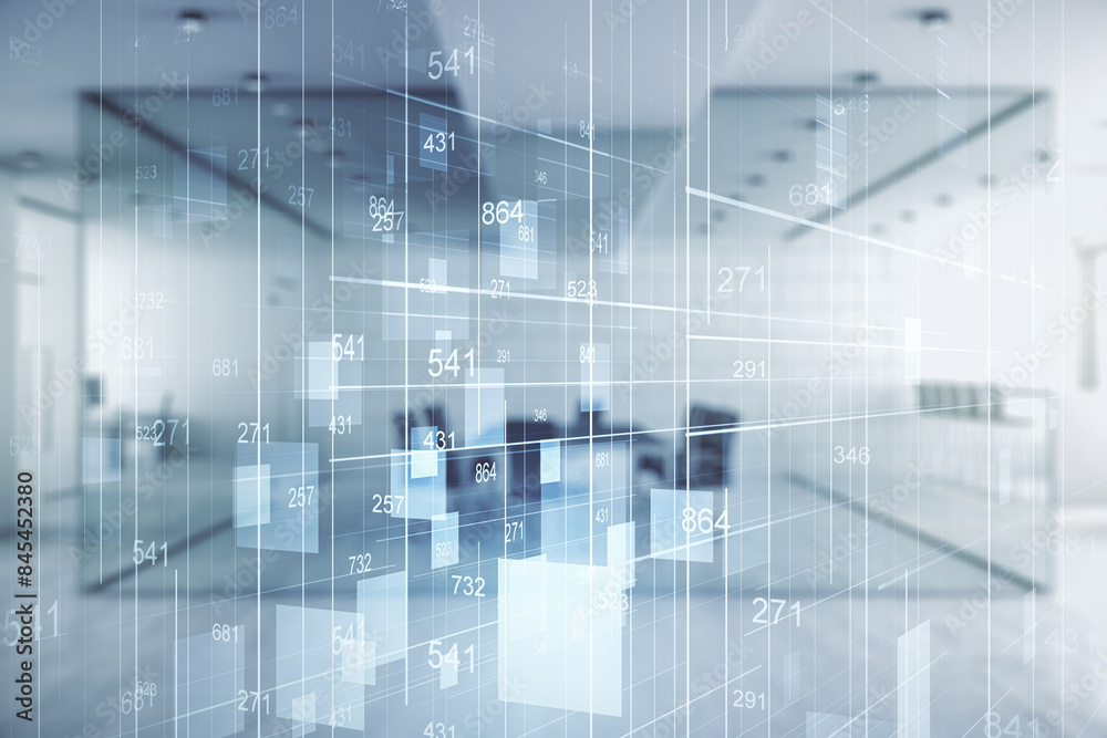 Poster multi exposure of abstract statistics data hologram interface on a modern furnished office interior 