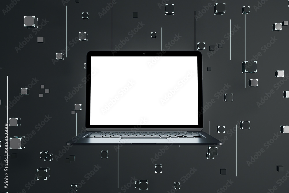 Poster A laptop with a blank screen, floating geometric shapes on a dark background, concept of technology and design. 3D Rendering
