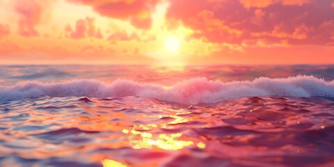 Fototapeta premium sunset in the mountains, Sunset Over Ocean Dramatic blurred background image of the sun setting over the ocean, with waves gently lapping at the shore and a colorful sky. 