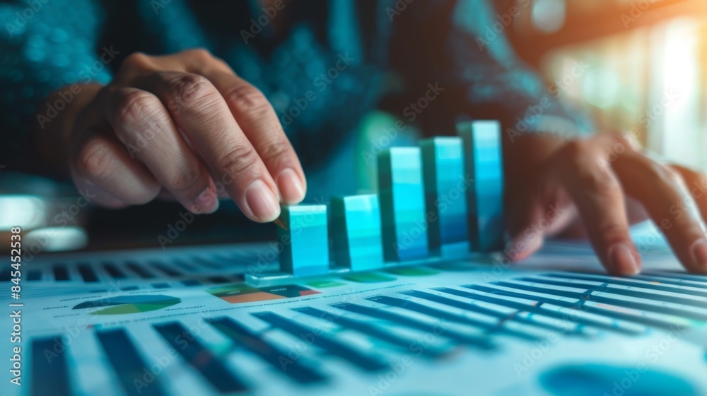 Poster Hands pointing to a growth trend on a bar graph in a business report, showing positive performance