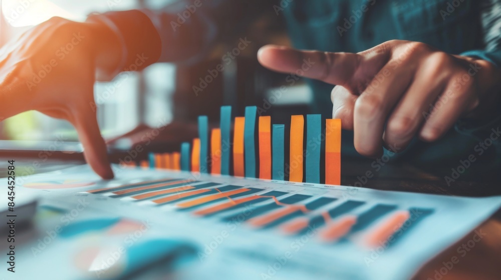 Poster Hands pointing to a growth trend on a bar graph in a business report, showing positive performance