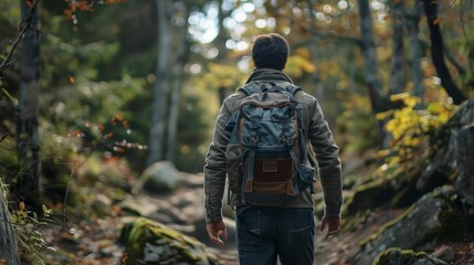 Fototapeta premium Survivor on a rugged trail, augmented reality of survival opportunities, natural colors
