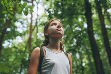 Teen feeling determined in a forest, natural surroundings, intense focus