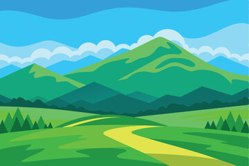 Beautiful vector illustration of green summer fields and meadows on a background of mountains, hills, clouds and blue sky. Panoramic natural landscape of summer meadows