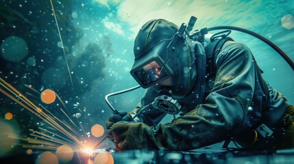 Underwater Welder in Action: Professional Diver Performing Welding Tasks Underwater with Sparks and Bubbles in a Dynamic Aquatic Environment