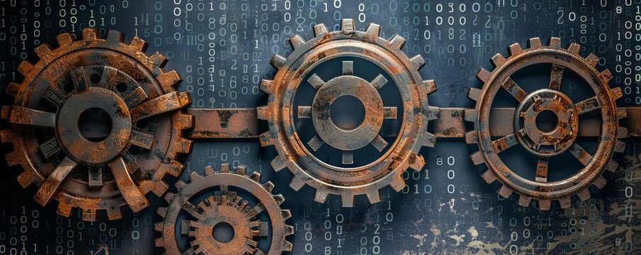 Rusty gears intertwined with binary code, symbolizing outdated technology connections, top view, showcasing the need for modernization, advanced tone, Analogous Color Scheme