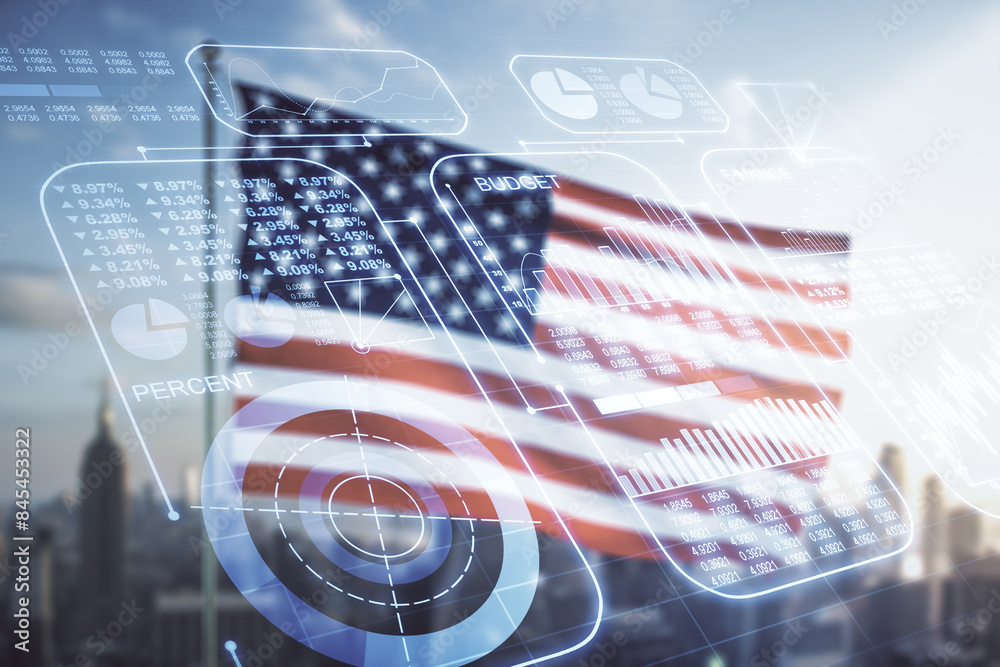 Poster Multi exposure of creative statistics data hologram on USA flag and blurry skyscrapers background, stats and analytics concept
