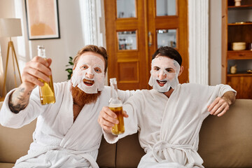 Two men in white robes share a fun moment, holding beer and wearing facial masks for a relaxing and enjoyable time together.