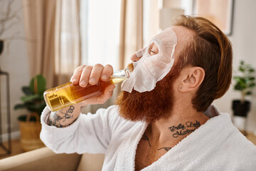 A stylish man with a beard and white robe gracefully sips from a glass, embodying sophistication...