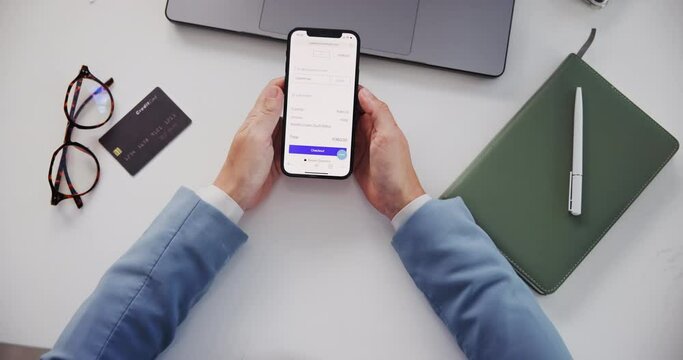 Phone screen, hands and businessman with credit card in office with top view sale, search or service sign up. Ecommerce, homepage and entrepreneur with smartphone app for discount, scroll or payment