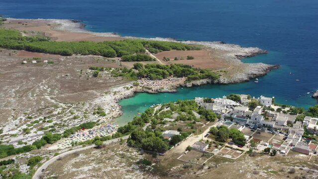 Aerial view of Porto Badisco: seaside resort located in the municipality of Otranto, in the province of Lecce, Salento, Puglia, Italy