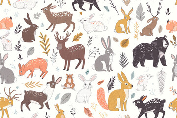 Fototapeta premium seamless pattern with animals, Vector seamless pattern with hand-drawn wild forest animals. 