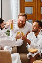 Three diverse cheerful men in bathrobes enjoying wine and camaraderie around a table.