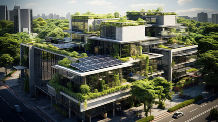 Modern Eco-Friendly Building with Solar Panels and Green Roofs in Urban Setting Surrounded by Lush Trees and Cityscape in the Background