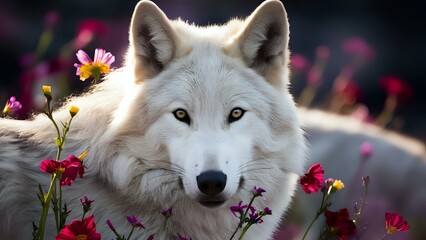 White Wolf Amidst Flowers