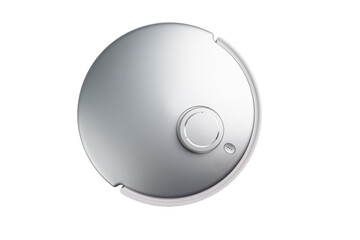 A silver object with a white circle on it. Robot vacuum cleaner on a white background.