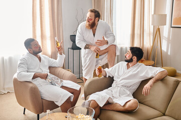 Diverse, cheerful men in bathrobes bond joyfully on top of a couch in a moment of friendship and...