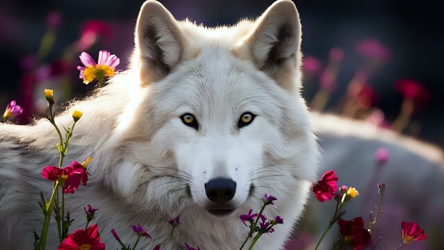 White Wolf Amidst Flowers