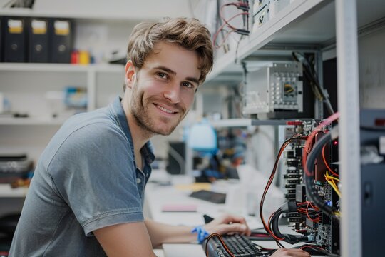 A handsome smiling Caucasian man in the office repairs an open computer case with wires and parts on his desk