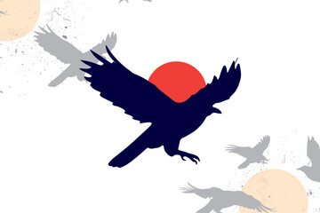 Cool logo illustration of a crow with a sunset background	