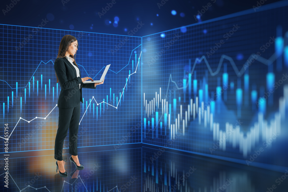 Poster a professional woman analyzing financial charts on her laptop with a dynamic digital graphs backgrou