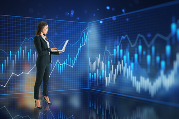 A professional woman analyzing financial charts on her laptop with a dynamic digital graphs background, concept of data analysis