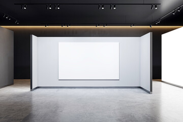 An empty gallery room with a large blank white poster on the wall, modern design, and concrete floor, ideal for branding presentations. 3D Rendering