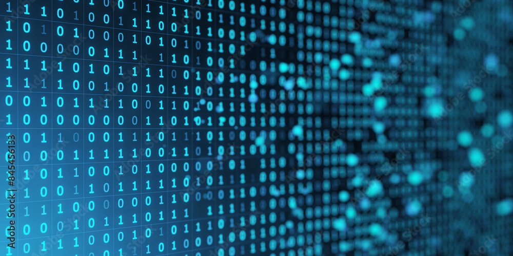 Leinwandbilder A digital binary code visualization in blue, representing cybersecurity or data concepts on a dark backdrop. 3D Rendering