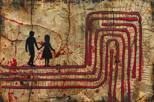 vibrant red thread forms a labyrinth with two silhouettes at opposite ends. representing the perilous path of Romeo and Juliet love story