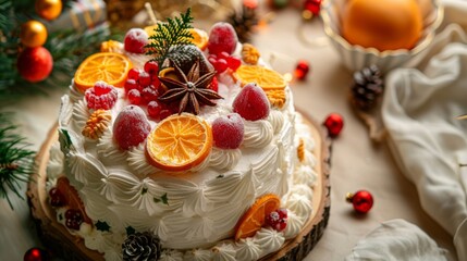 High-angle view of a decorative Christmas cake with marzipan fruits and festive decorations