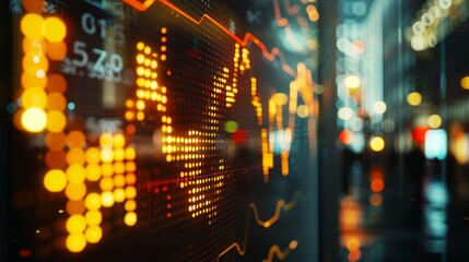 High-angle view of a digital display board in a stock exchange showing gold price graphs and indices