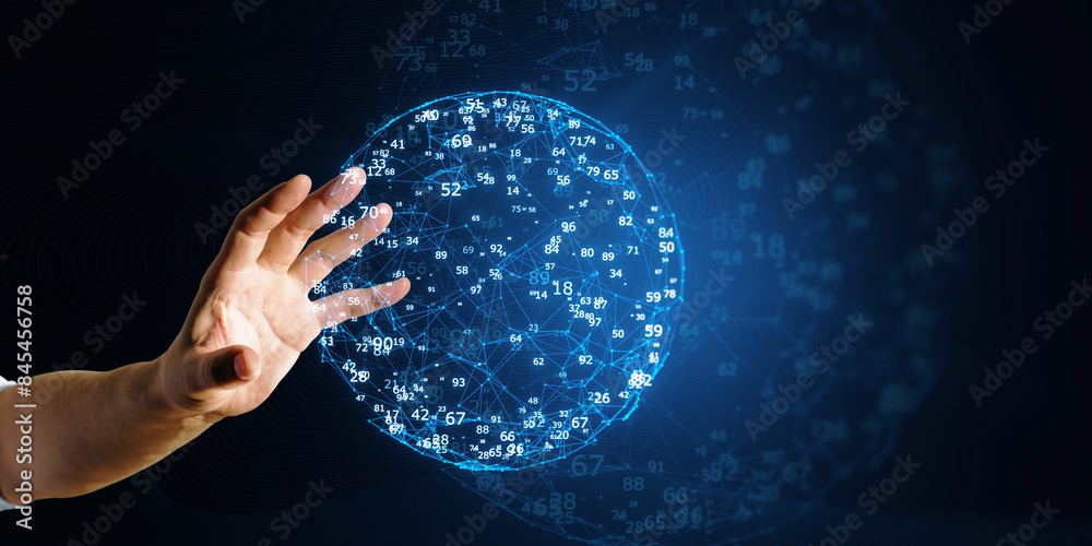 Poster a hand interacting with a digital holographic globe with numerical data, on a dark blue technology-i