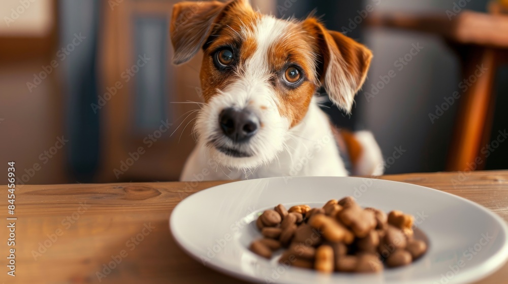 Wall mural High-angle view of a dog sitting patiently at the dinner table, waiting for a treat