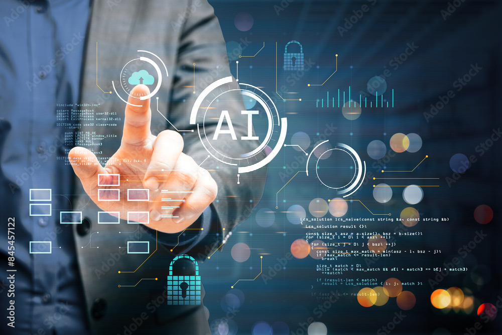 Poster A person interacts with a futuristic AI interface with digital graphics and code, symbolizing advanced technology on a dark background