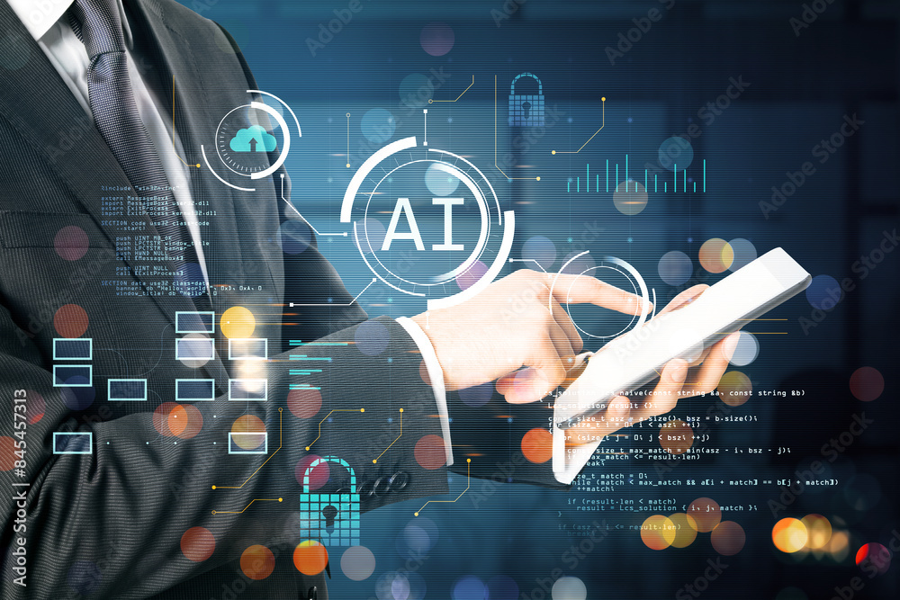 Aufkleber A person with digital interface graphics overlay representing AI, against a blurred office background, conveying a technology concept