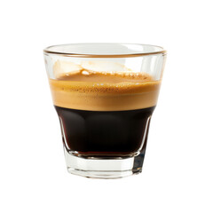 A close-up shot of a glass of espresso with a rich crema on top, set against a white background.