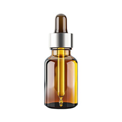 Amber glass dropper bottle with silver cap and golden liquid, isolated on white background. Ideal for essential oils or skincare products.