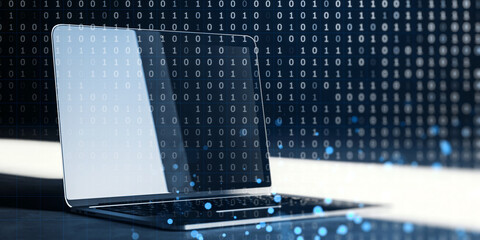 An abstract concept of a laptop with a double exposure of binary code overlay, set against a blue binary background