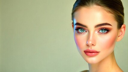 a young woman model with flawless makeup, copy space, banner