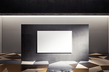 A gallery interior with a white blank banner on a dark wall, modern abstract floor design, contemporary exhibition space concept. 3D Rendering