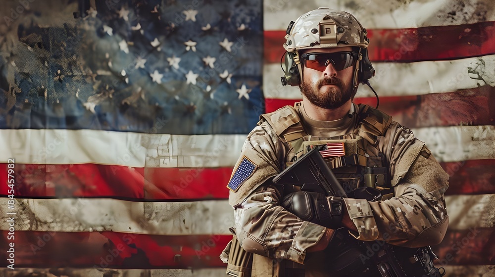 Wall mural American soldier opposing the American flag on Independence Day