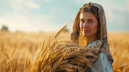 Wheat field, holding wheat sheaves, wearing a blue top, and a patterned headscarf